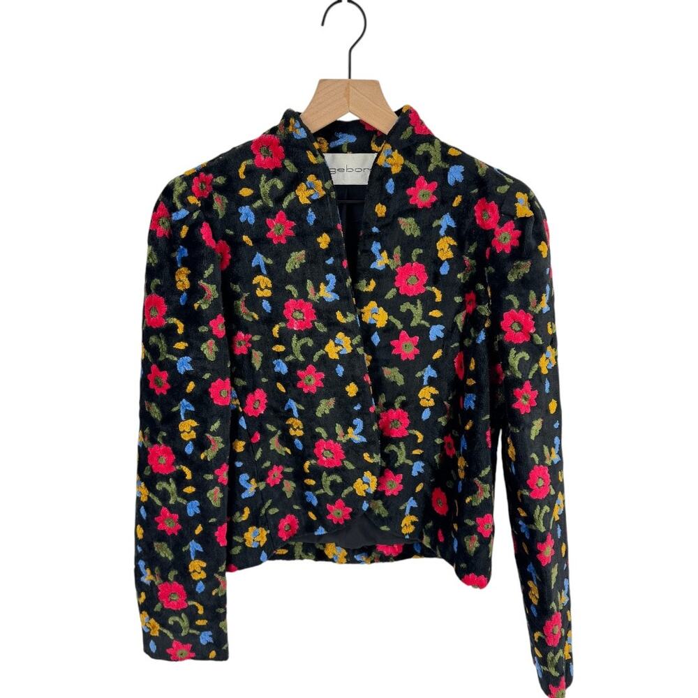 Vintage Ingeborg Black Floral Fuzzy Cropped Jacket‎ Open Front Stand Collar